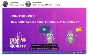 Screenshot of the Leading with Quality episode page, with the title "How can we be continuously curious", and a couple of Ministry of Testing monsters dancing around there. 